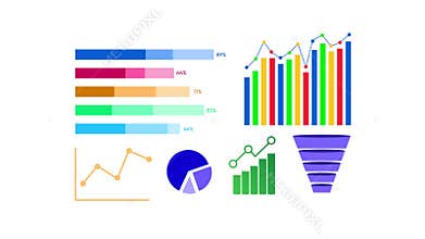 Animated Infographic Elements Including Bar Charts, Pie Charts, Funnel Diagrams, and Line Graphs for Business