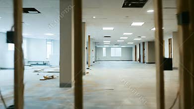Unfinished office space in new construction shows modern design potential. Bright, spacious, with ongoing building material