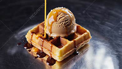 Waffle with a scoop of ice cream. AI Generative.