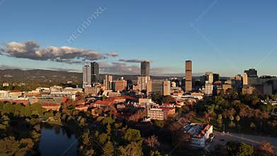 Adelaide City, South Australia, Jul 2, 2025: 4K Aerial Sunset Drone Footage Showcasing the CBD, The University of Adelaide, River