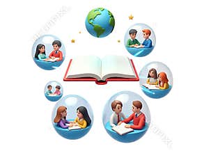 Global Online Learning Network Bubbles 3D Illustration
