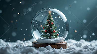 The snow globe with Christmas tree inside. Christmas themed background