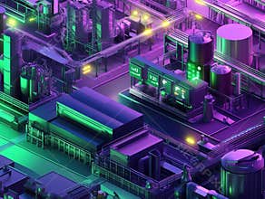 A futuristic, multi-level factory with vibrant purple and green hues, tubesconveyor systems, dome-shaped machine