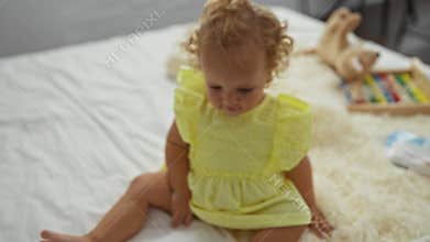 Adorable toddler girl playing with a toy while sitting on a bed in a cozy bedroom, with a plush bear and a colorful abacus in the