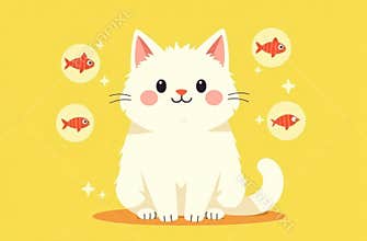 Cute white cat surrounded by fish illustrations on a bright yellow background