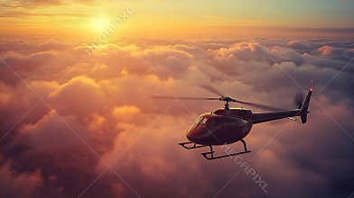 Helicopter Flying Above Clouds at Sunset