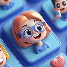 Cute cartoon avatars on blue background with smiling faces and heart