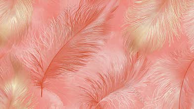 Soft, delicate feathers in shades of coral and gold intertwine seamlessly on a textured background, creating a luxurious