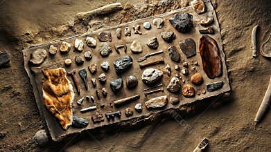 Collection of Ancient Artifacts and Stones Displayed on a Stone Slab