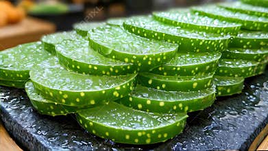 Sliced fresh aloe vera with glistening water droplets on a dark textured surface, showing its translucent, hydrating gel