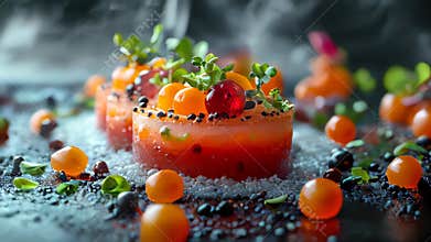 Artistic plating of gourmet salmon with vibrant molecular spheres and fresh berries, enhanced with frozen mist