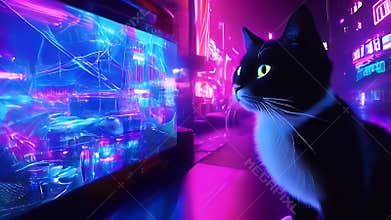 Tuxedo Cat in Neon-Lit Cyberpunk Setting
