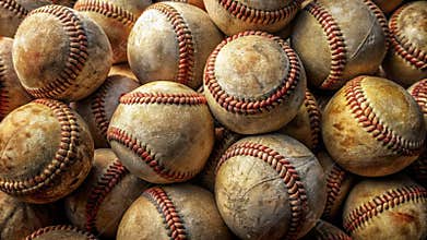 Pile of well-worn vintage baseballs, textured leather, aged and faded, showing signs of extensive use and time. Generative AI