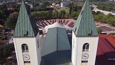 Close up aerial view of the church of Medjugorje