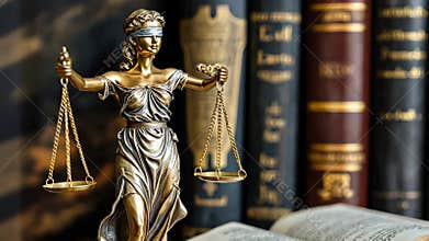 Scales of justice amidst ancient legal tomes, symbolizing law, order, and wisdom