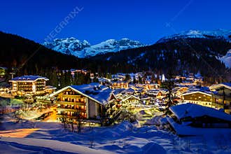Illuminated Ski Resort of Madonna di Campiglio in the Morning