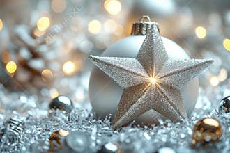 A white Christmas ornament with a shining silver star, perfect for decorating the tree or using as a gift topper