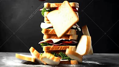 Tall sandwich ingredients falling slow motion food delicious messy creation stock footage Generative AI