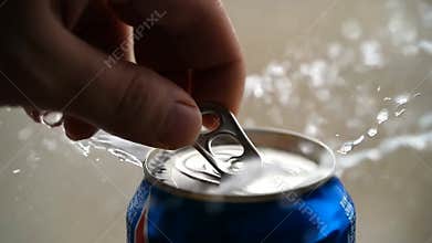 Opening aluminum soda can fizzy drink splashing refreshing beverage thirst stock footage Generative AI