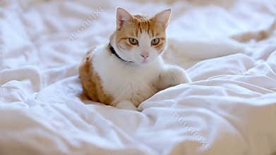 Ginger cat first lying on the bed then leaving it