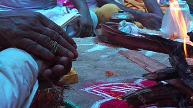 Hindu Havan Yajna Ritual Fire Close Up, Sacred Puja Ceremony with Priest Offering, Indian Spiritual Culture