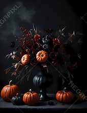 Elegant dark Halloween arrangement with pumpkins and flowers