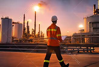Industrial technicians holding clipboards in the chemical plant or oil refinery area monitor the oil refinery operations