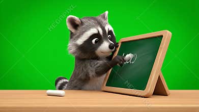 Cute 3D Render Animation of a Playful Raccoon Character Writing on a Green Chalkboard with Chalk on a Wooden Desk Against a