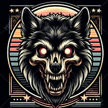 Aggressive werewolf skull hybrid graphic with retrowave sunset and stars