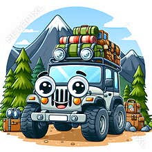 Cute Cartoon 4x4 Off Road Jeep with Roof Rack Luggage in Mountains