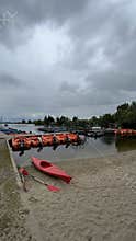 Quiet lakeside boat rental area with red kayaks, paddles on sandy shore