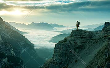 Hiker man standing at the rock edge