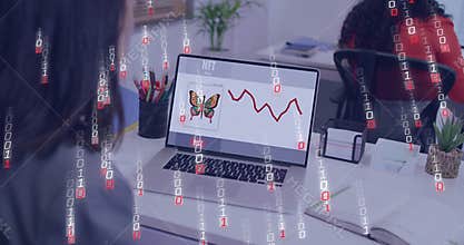 Watching coworkers studying laptop NFT butterfly and red price chart near woman wearing red sweater