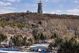 Early Spring Snow - Yulun Bridge Scenery in Jingyuetan National Forest Park, Changchun, China