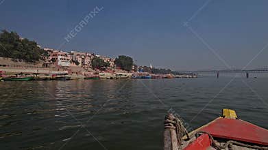 Varanasi Ghats Boat POV on Ganges River at Golden Hour India Spiritual Travel Scene