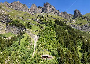 close-up aerial view of the Enderlin mountain hut in the Swiss Alps above Maienfeld