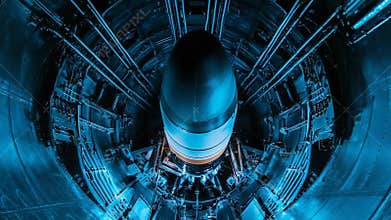 Missile poised for launch in futuristic silo environment