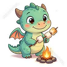 Cute Cartoon Green Baby Dragon Roasting Marshmallows by Campfire with Gentle smile and Rosy Cheeks