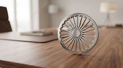 A metallic Ashoka Chakra symbol stands proudly upon a polished wooden executive desk inside a professional office space