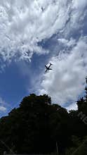 Group of horses gathered in sandy paddock beneath cloudy sky, with airplane