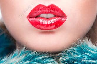 Lips. Beauty Red Lip Makeup Detail.