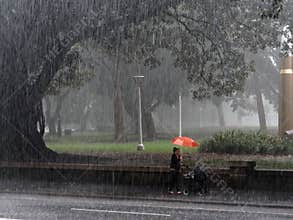 Torrential City Rain Storm, Woman With Red Umbrella Pushing Baby Pram