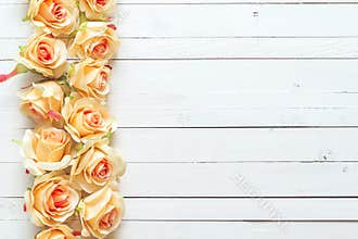 Background with a border of peach roses on painted wooden planks