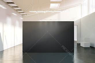 Blank black wall mockup in sunny modern empty gallery,