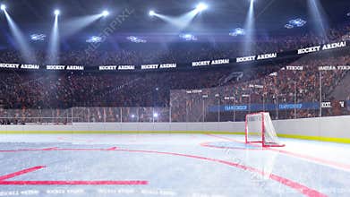 Hockey court with people fan. Sport arena. Ready to start championship. 3d render. Moving lights