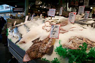 SEATTLE, WASHINGTON, USA - JAN 24th, 2017: Customers at Pike Place Fish Company wait to order fish at the famous seafood