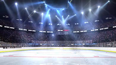 Hockey court with people fan. Sport arena. Ready to start championship. 3d render. Moving lights