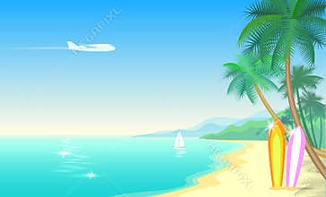 Airplane and tropical paradise palm tree surfboards. Sunny sand coast beach sea ocean landscape.Vector background