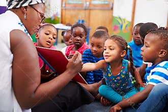 Teacher reading a book with a class of preschool children