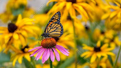 A Monarch Butterfly on a purple Echinacea cone flower